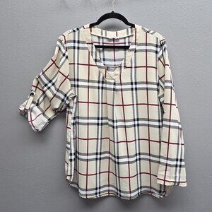 Youtalia Shirt Womens XL Beige Plaid V-Neck Roll Tab Sleeve Tunic Blouse Casual